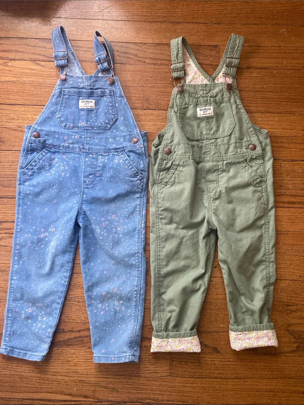 OshKosh B'gosh Set of 2 Overalls Blue Floral Denim and Olive Green 3T Bundle